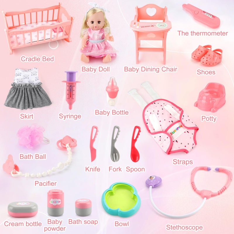 SUKIPIN Baby Doll Playsets for Girls  Baby Doll with Accessories Set for Girls 3-5  Baby Doll Set for 3 4 5 Year Old Girls Gifts  Stocking Stuffers for Toddlers Kids (Doll Playset) - Image 2